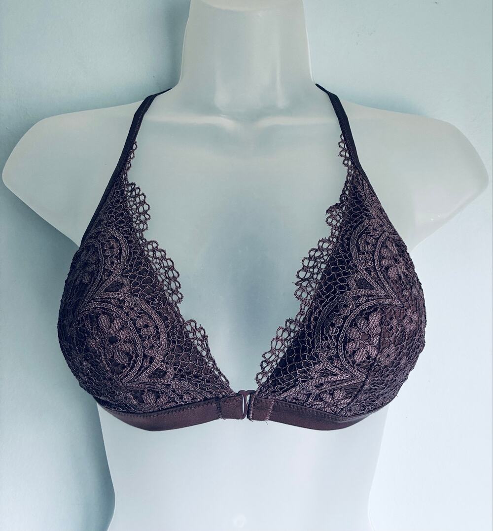 Victoria's Secret Triangle Bralette Purple Lace Floral Lined Front Closure Small